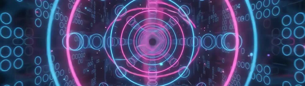 Digital portal with neon rings creating a deep perspective Representing technology data flow and virtual spaces.