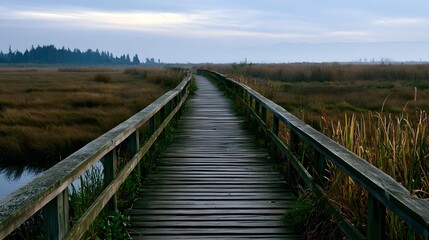 Fototapeta premium A wooden boardwalk winds through a vast marshland under a soft twilight sky with distant trees and hills