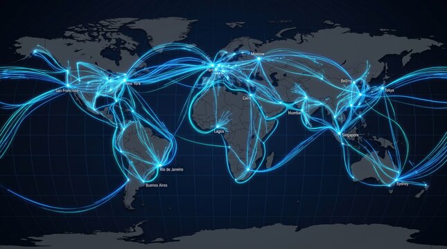 Global network connections map visualization showing digital data flow lines connecting major cities worldwide, representing international internet communication, fiber optic