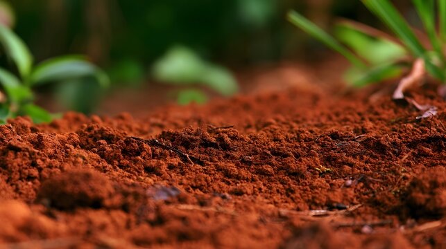 Close up of rich red soil with scattered organic debris and blurred green foliage in the background
