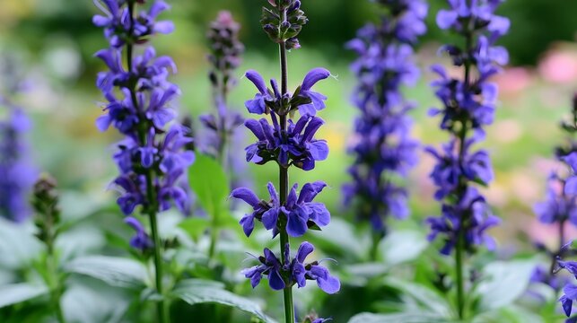 Vibrant purple flowers bloom in a lush garden  their tall spikes standing out against soft green foliage