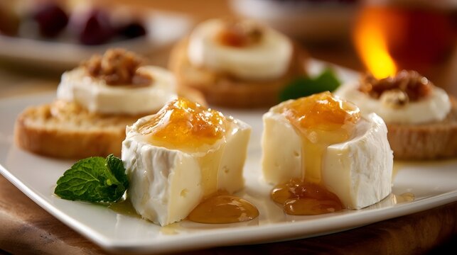 Fresh cheese cubes topped with golden honey and garnished with mint leaves on a white plate