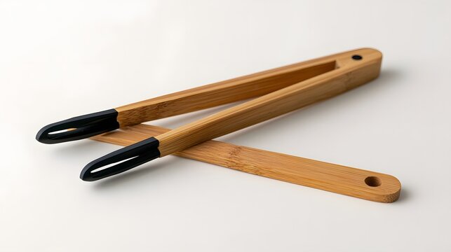 Modern bamboo tongs with black silicone tips rest on a clean white surface  showcasing minimalist design and functional kitchen tools