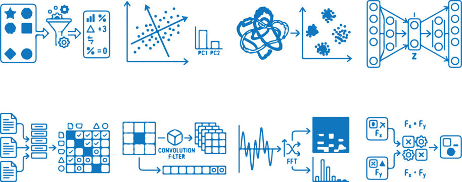Machine learning feature engineering principal component analysis PCA and autoencoder blue sketch icon set