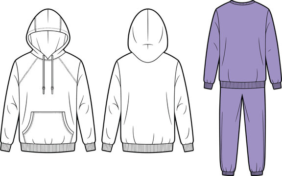 Vector technical fashion sketch illustration of casual hoodies and tracksuits showing front and back views for sportswear apparel.