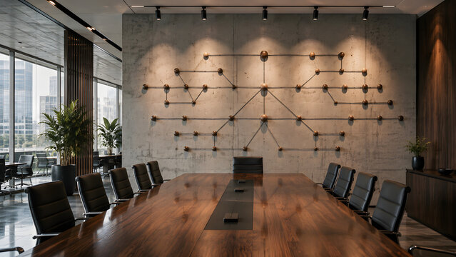 A large conference room with a polished wooden table and chairs, featuring a complex network diagram structure mounted on a concrete wall, ideal for corporate meetings.
