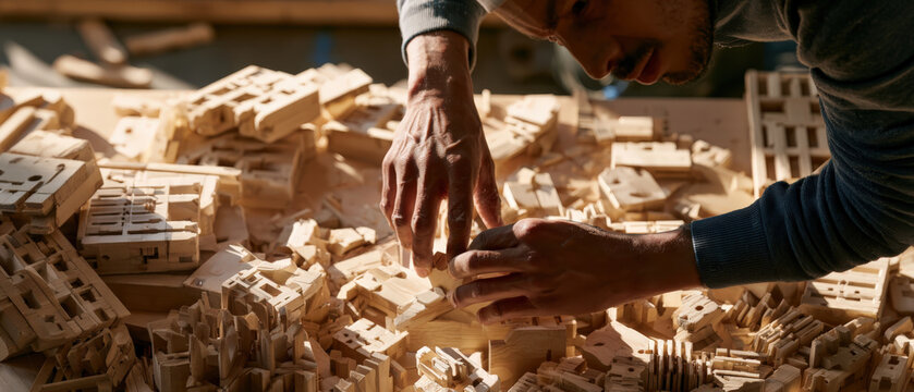 Hands shape wood pieces with care and focus