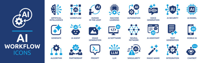AI Workflow and Automation Icon Set. Featuring artificial intelligence, machine learning, AI agents, AI software, algorithms, and more. Solid vector icon collection.