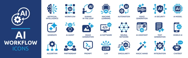 Fotobehang Karaktertjes AI Workflow and Automation Icon Set. Featuring artificial intelligence, machine learning, AI agents, AI software, algorithms, and more. Solid vector icon collection.  © Icons-Studio
