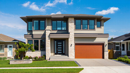 Fototapeta premium Modern suburban house with contemporary architecture and landscaping real estate two story