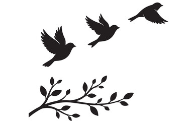 Fototapeta premium Birds Flying Upwards with a Branch Below, Symbolizing Freedom and Nature. Elegant Silhouette Design for Decorative Use.
