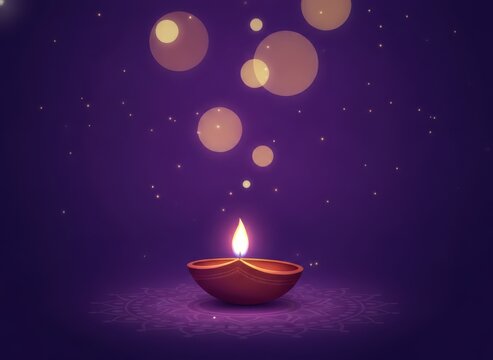 A single glowing diya oil lamp burning with a warm flame on a dark purple background with soft bokeh lights