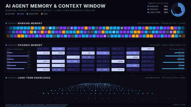 Conceptual visualization of an AI agent's memory architecture featuring working memory, episodic memory, and long-term knowledge layers over a dark background.