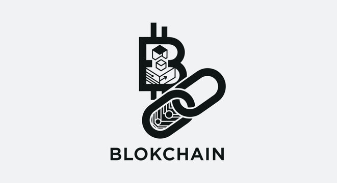 Blockchain logo with stylized letter b with connected chain link plain letter incorporating cube black white blockchain cryptocurrency technology