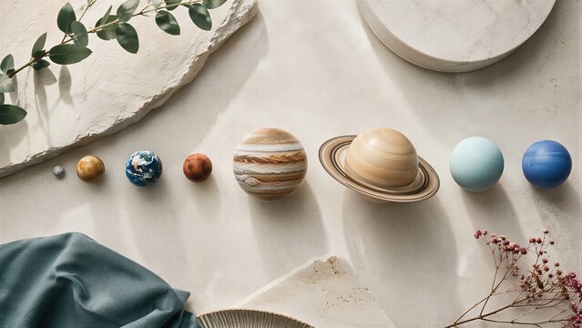 Solar system model with miniature planets arranged on stone surface. Educational display of celestial bodies for astronomy study.
