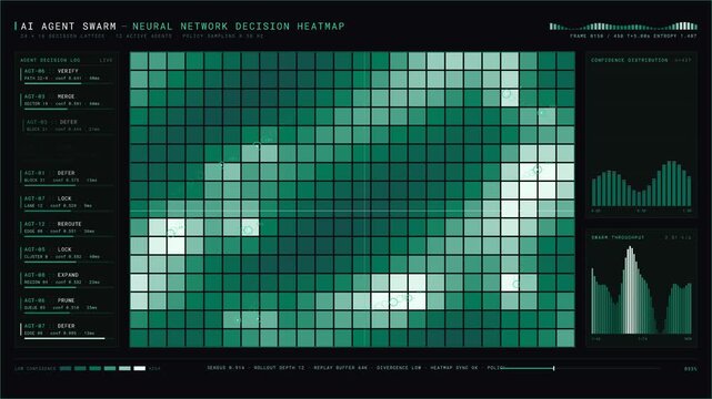 An immersive 4K AI decision-space heatmap featuring dynamic color transitions, agent-cursor paths, and a real-time confidence-distribution histogram on a dark background.
