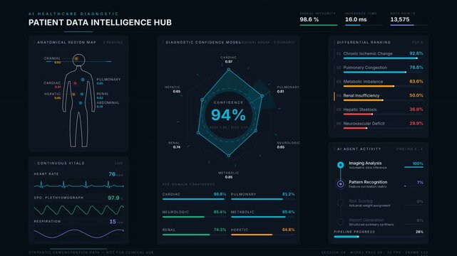 Explore an advanced AI healthcare diagnostic dashboard featuring a sterile design with animated patient data visualizations and confidence metrics in a professional layout.