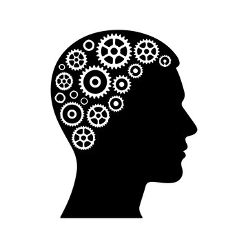 Human head silhouette with gears inside representing critical thinking, mindset, and strategy concept.
