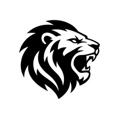Fototapeta premium Black silhouette of a roaring lion head, powerful animal mascot or logo concept isolated on white background.