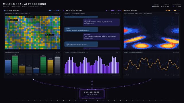 Explore a 4K multi-modal AI processing dashboard featuring vision, language, and audio fusion on a dark background with animated visualizations and interactive components.