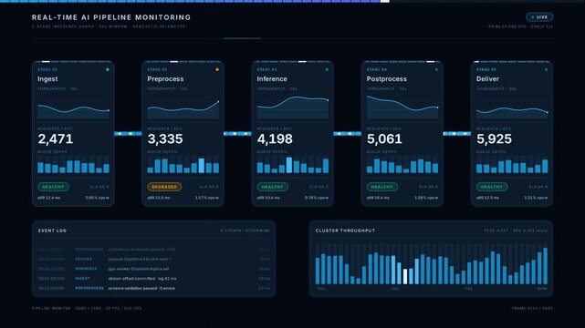 Visualize the real-time AI pipeline monitoring process in dark mode, featuring animated stages and data flow on a sleek background with modern design elements.