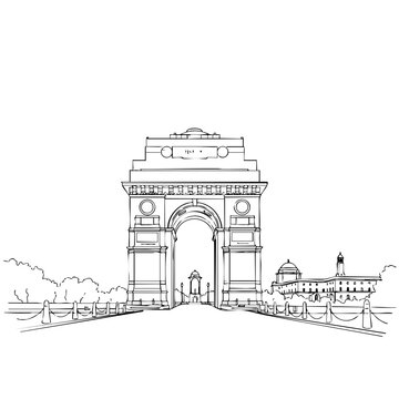 India Gate line drawing, India Gate vector sketch illustration