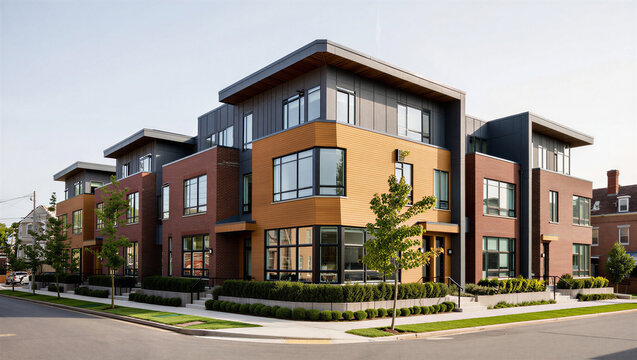 Multi story townhouse development with warm wood and orange tones real estate townhouse building