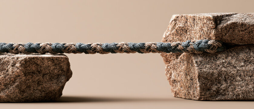 Taut rope stretches between two rugged stones
