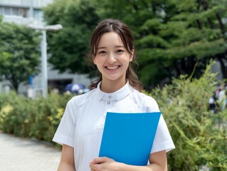 Fototapeta premium 屋外で白い制服を着た女性スタッフが青いファイルを手に爽やかに微笑む案内シーン