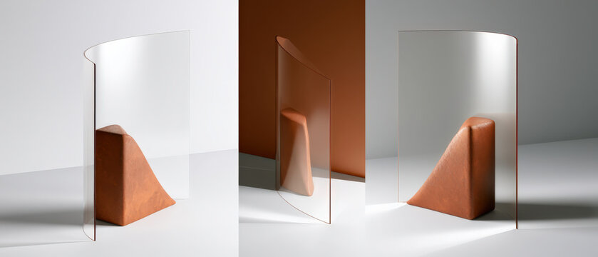 Minimalist scene with transparent panels and terracotta shapes