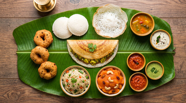 Top-down view of a traditional South Indian platter with dosa, idli, vada, and chutneys served on a banana leaf.