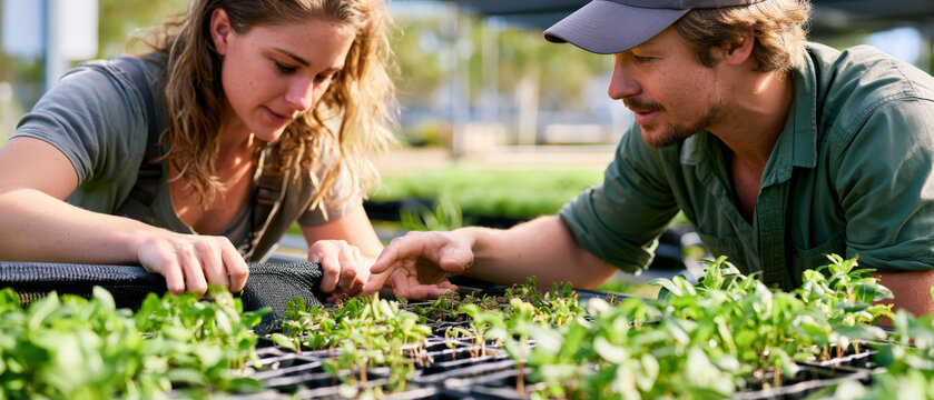 Two people examine young plants with focused attention