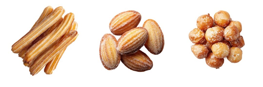 Sweet snacks churros almonds hazelnuts raw nuts set isolated on transparent background