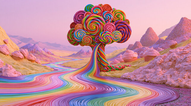Vibrant surreal candyland landscape with colorful swirling lollipop tree and flowing rainbow river surrounded by cupcake hills under pastel sky.