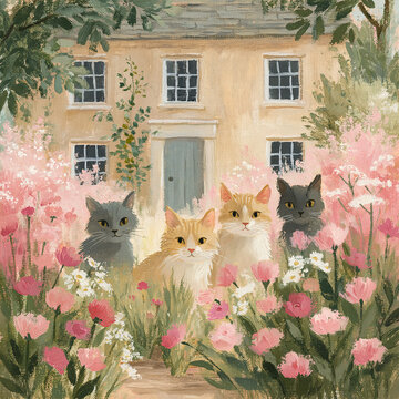 Four cats enjoying a vibrant cottage garden scene, featuring an array of pink and white flowers in front of a quaint house