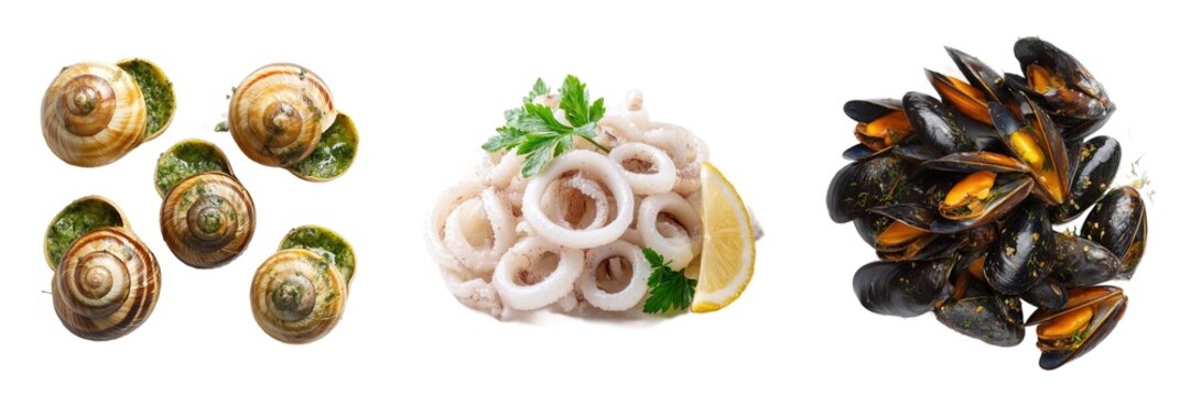 Cooked seafood Escargot snails squid rings mussels set isolated on transparent background