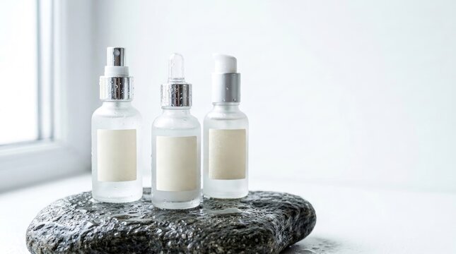 Three frosted glass cosmetic serum bottles sitting on a wet grey stone with soft natural lighting