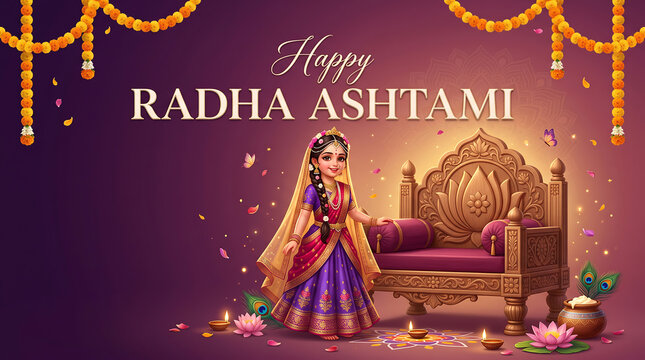 Young devotional figure standing beside ornate wooden throne decorated with marigold garlands with background floral decorations traditional attire standing