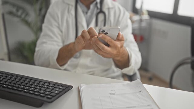 Man, doctor in white coat with stethoscope taps a smartphone and types on a keyboard at a clinic desk, hands holding phone above patient forms and reaching for papers; focused care.