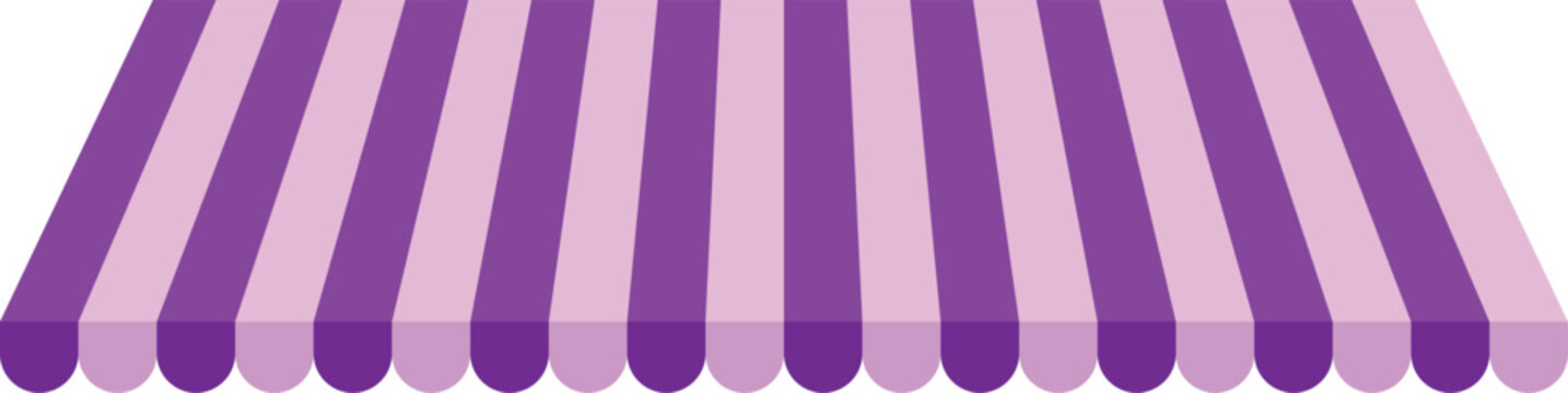 Storefront awning canopy roof icon. Striped retail shop shelter symbol. Market boutique visor shade system. Flat vector graphic in purple color design