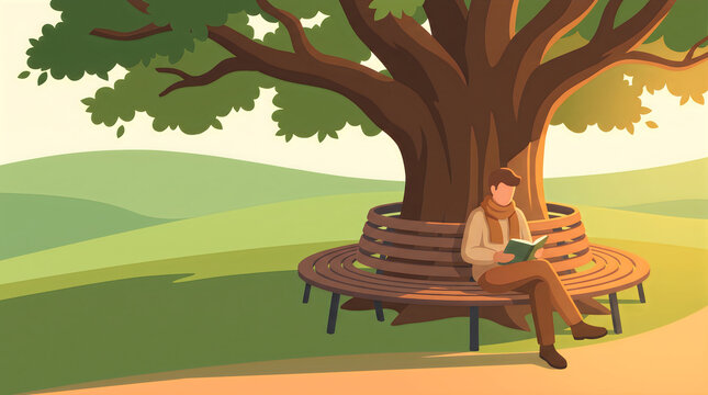 Person reading book park bench under tree vector illustration