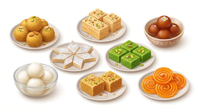 A diverse set of traditional Indian sweets including gulab jamun, laddu, and jalebi, isolated on white for festive food design.
