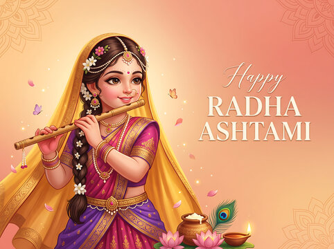 Young woman playing flute traditional indian attire festive greeting celebration decorative floral background art design with traditional ornate clothing