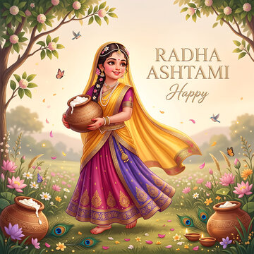 Young girl holding traditional clay pot in vibrant floral meadow celebrating festive indian holiday occasion with flowers peacock feathers sunlit meadow decorated