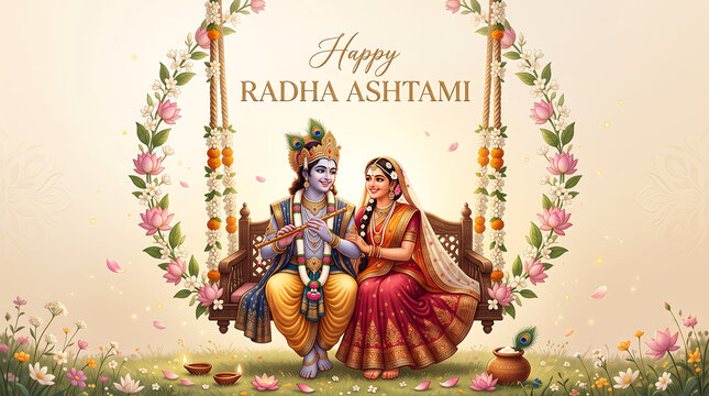 Divine couple sitting together on a decorated floral swing celebrating radha ashtami festival illustration with surrounded lotus flowers candles serene