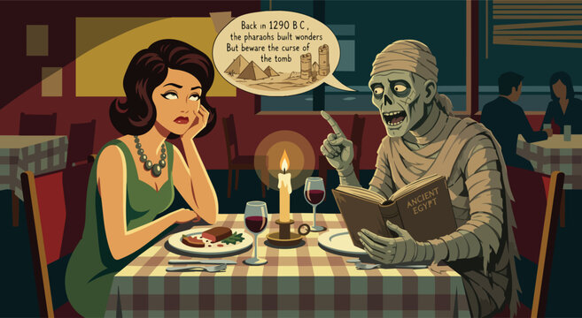 Bored woman rolling eyes on candlelit dinner date with ancient Egyptian mummy reading history book illustration
