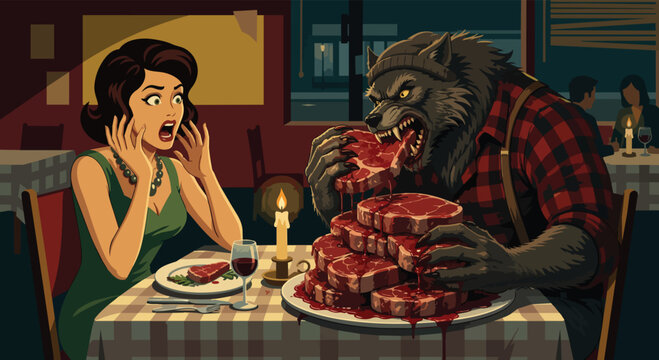 Shocked woman on romantic candlelit restaurant date with werewolf in plaid lumberjack shirt eating giant stack of raw meat illustration