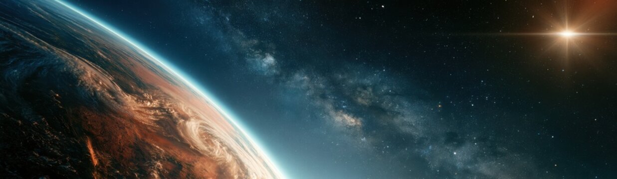 Ultra wide panoramic earth from space with red brown continents, milky way galaxy and brilliant sun starburst on dark starry sky