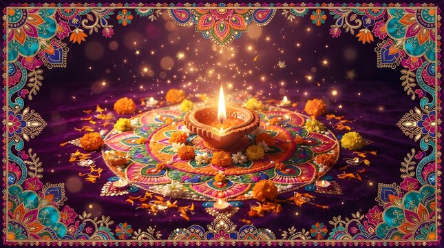 Diwali diya on vibrant rangoli with marigold flowers