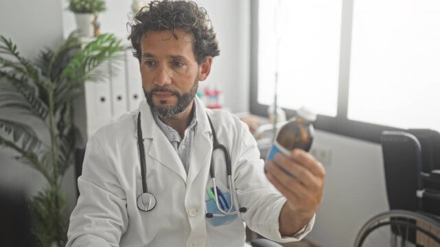 Man doctor with stethoscope holding medication bottle and reading label with hands in building clinic office, examining prescription details; focused care.